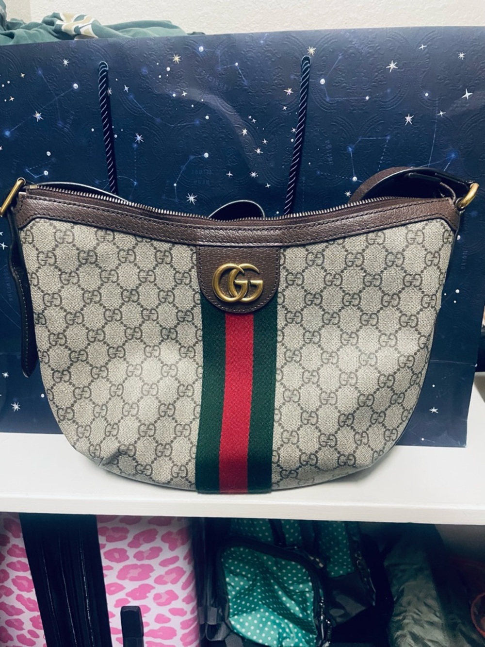 Gucci Beige GG Canvas Shoulder Bag with Red and Green Stripe